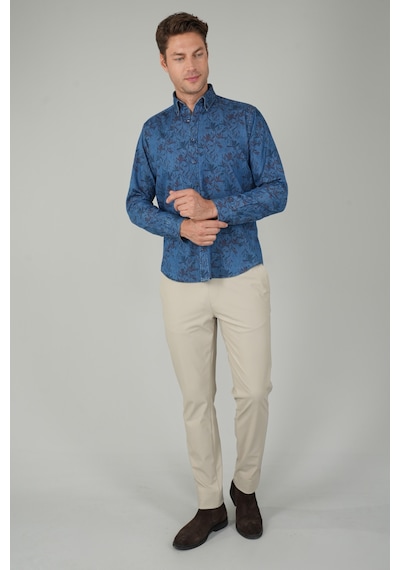 Bisse Erkek Uzun Kollu Spor Yaka Floral Desenli Denim Gömlek Gmjean252168 D39 Lacivert