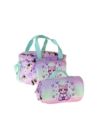 Kaukko Kids Kız Çocuk Mor Kedi Desenli Yeşil - Mor Thermo Beslenme Çantası Ve Kalemlik Seti - Setkk-l5289
