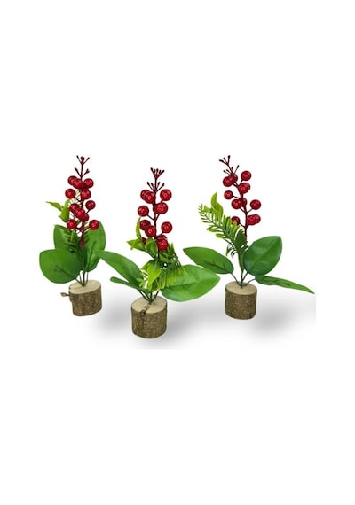3lü Set Yapay Çiçek Yılbaşı Çiçeği Kokinalı Kütük Saksılı Dekoratif Süs 20cm