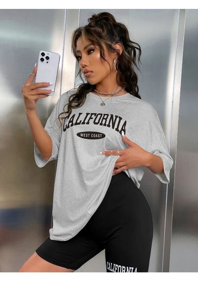 Flood Of Style Kadın Siyah Beyaz Calıfornıa Baskılı Bisiklet Yaka Tshirt