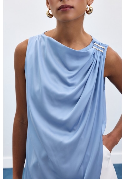 Sateen Aksesuar Detaylı Kolsuz Bluz - Bebe Mavi-136915 Bebe Mavi