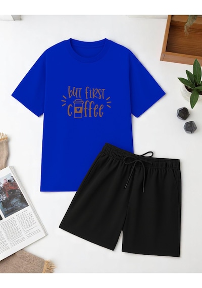 Uyguntarz But First Coffee Unisex Baskı Şort Takım Mavi