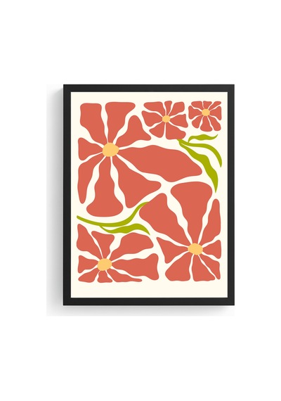Doğal Ahşap Çerçeveli Retro Floral Tablo - Boho Çiçek Desenli Huhu2664