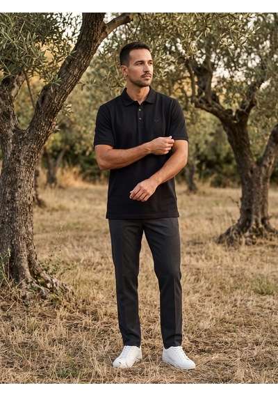 Maccali Erkek Siyah Yazlık Basic Polo Yaka Tişört