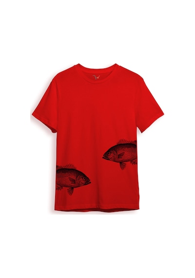 Sanatsal Balık Desenli Sade Ve Modern Tasarım Dijital Baskılı %100 Pamuk Regular Fit Unisex T-shirt Kırmızı