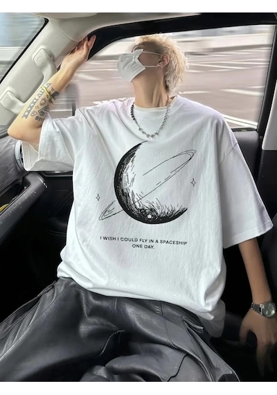 Vexor Baskılı Oversize Bisiklet Yaka T-shirt - Beyaz