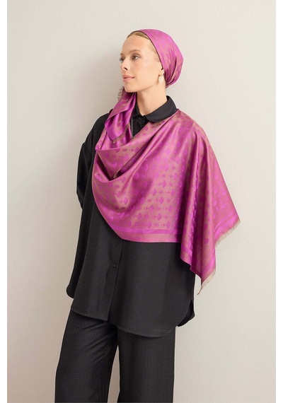 Imannoor Karanfil Monogram Mor İpek Şal 68x200 Mor