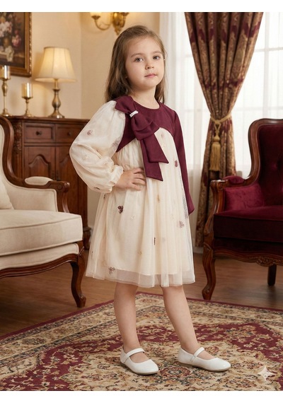 Xo Kids Bordo Kollu Fiyonk Detaylı Çiçek İşlemeli Tüllü Kız Çocuk Elbise 4-10 Yaş 4419 Ekru Xo Kids Bordo Kollu Fiyonk Detaylı Çiçek İşlemeli Tüllü Kız Çocuk Elbise 4-10 Yaş 4419 Ekru
