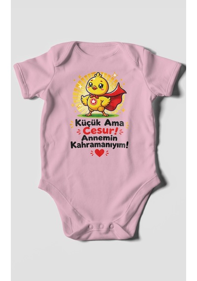 Morivokids Küçük Ama Cesur Annemin Kahramanıyım Kısa Kollu Bebek Body %100 Pamuk Koyu Pembe