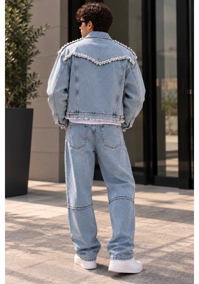 Erkek Açık Mavi Denim Takım Püsküllü Jean Ceket Ve Baggy Bol Paça Pantolon Oversize İkili Takım Erkek Açık Mavi Denim Takım Püsküllü Jean Ceket Ve Baggy Bol Paça Pantolon Oversize İkili Takım