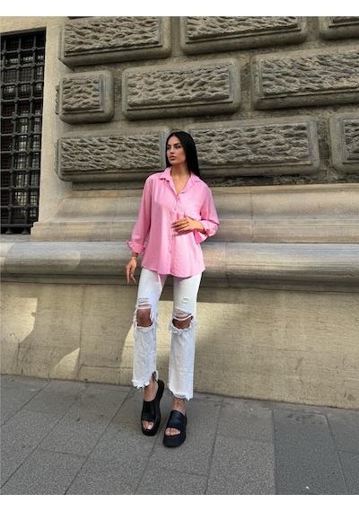 WeShaya Pembe Oversize Kırışık %100 Polyester Gömlek Pembe