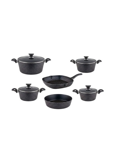 10 Parça Granit Set Cam Kapak - Siyah Siyah
