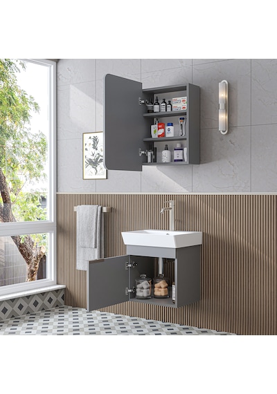 Likya Mdflam Tek Kapaklı Lavabolu 49 Cm Banyo Dolabı + Üst Dolabı, Mini Lavabolu Banyo Dolabı Takımı Kül Gri Likya Mdflam Tek Kapaklı Lavabolu 49 Cm Banyo Dolabı + Üst Dolabı, Mini Lavabolu Banyo Dolabı Takımı Kül Gri