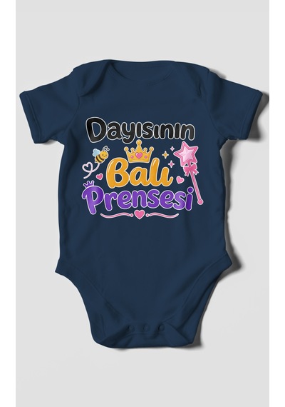 Morivokids Dayısının Ballı Prensesi Kısa Kollu Bebek Body %100 Pamuk Lacivert