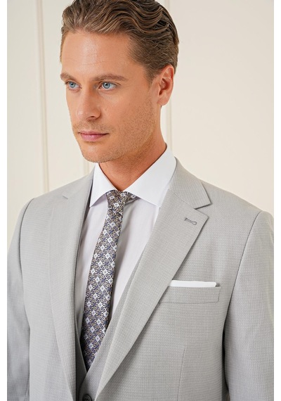 Efor Slim Fit Dokulu Çift Yırtmaç Yelekli Klasik Gri Takım Elbise Tk 898 Gri
