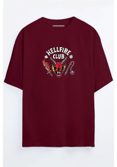 Hellfire Club Baskılı Unisex Siyah - Turuncu - Bej Oversize T-shirt Bordo