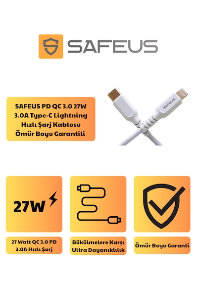 Pd Qc 3.0 Kopmaya Karşı Dayanıklı 27w 3a Type-c Lightning Hızlı Şarj Kablosu Ömür Boyu Garantili 1 Metre