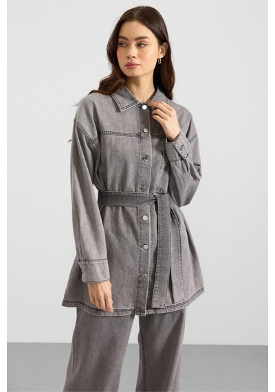 Olcay Metal Düğmeli Soft Denim Ceket Pantolon Gri 9401-tk