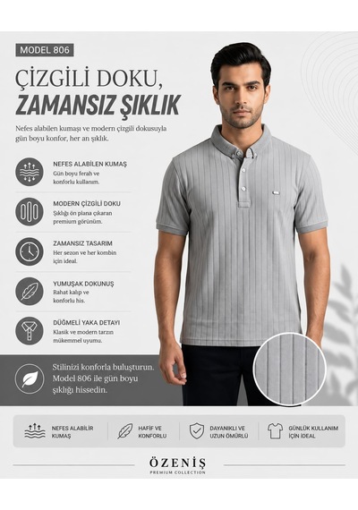 Özeniş Erkek Polo Yaka Slim Fit Çizgili Desen Kaşkorse T-shirt Gri