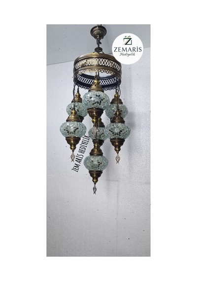 El Yapımı Otantik Mozaik 7 Li Avize Tavan Lambası Dekoratif Beyaz - 786499679 Beyaz
