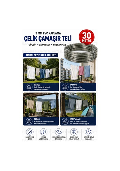 3 Mm Pvc Kaplama Çelik Çamaşır Teli 30 Metre Paslanmaz Güçlü Çamaşır Asma Teli İç Ve Dış Mekan Kulla Çok Renkli