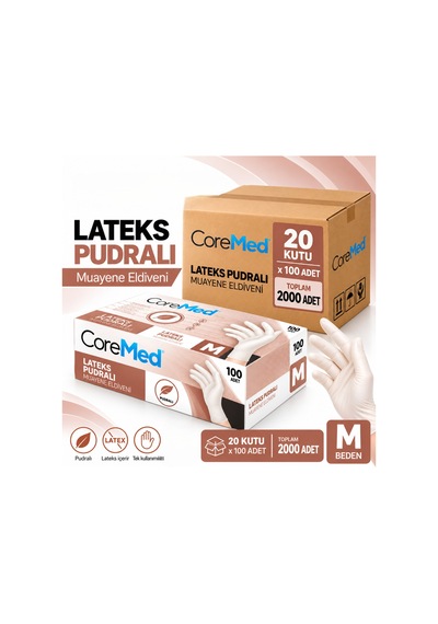 Coremed Lateks Pudralı Muayene Eldiveni M Beden, 2000 Adet Koli 20 Paket