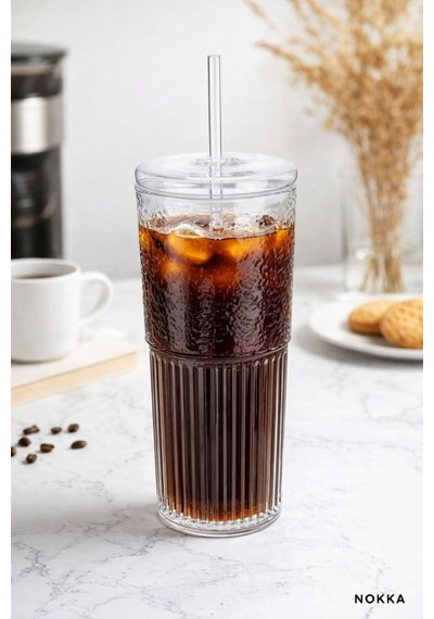 Borosilikat Kapaklı Pipetli Bardak, Kahve Bardağı, Isı Dayanıklı 600 Ml Renksiz