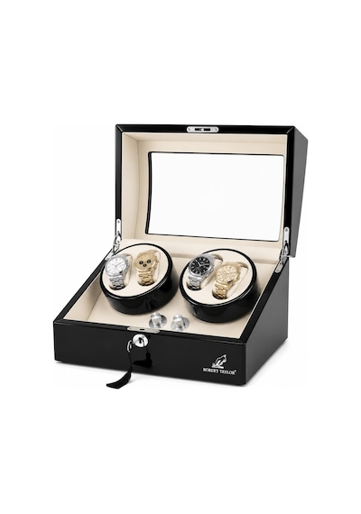 Watch Winder Brooklands Collection 4 Slotlu Ultra Sessiz Otomatik Saat Kurma Kutusu +6 Muhafaza Alanlı, Piano Ebony & Alcantara Kahve Krem