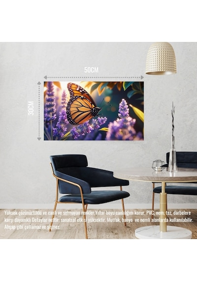 Kelebek Parlayan Güneş Işığı Altında Lavanta Çiçeğinin Üzerinde Dinleniyor 05 Çerçevesiz 50x30 Cm Pvc Tablo