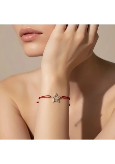 G&a Jewels - Yıldız - 925 Ayar Gümüş 0.01ct Pırlanta Taşlı Kırmızı İpli Bileklik Gümüş - Kırmızı