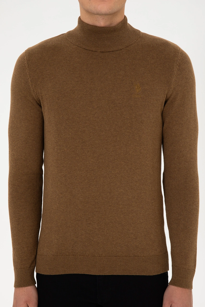 U.S. Polo Assn. Erkek Slim Fit Yarım Balıkçı Yaka Haki Melanj Basic Kazak 50307783-VR125