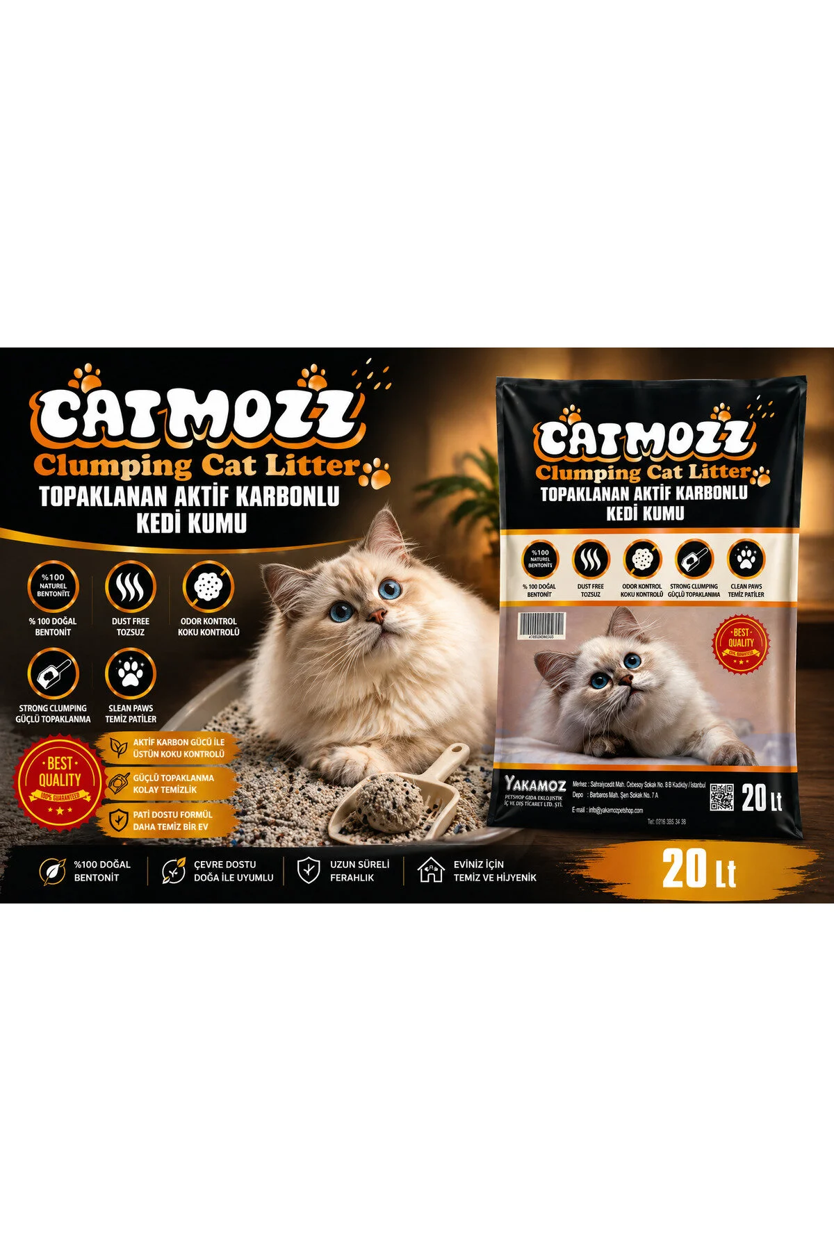 Catmozz 20 Lt Aktif Karbonlu İnce Taneli Topaklaşan Bentonit Kedi Kumu
