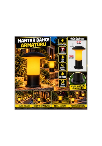 Tipi Bahçe Aydınlatma Armatürü 29 Cm Siyah E27 Duy 220v Dış Mekan Park Peyzaj Yürüyüş Yolu Lambası Ampul Hariç Siyah - 939328264 Siyah