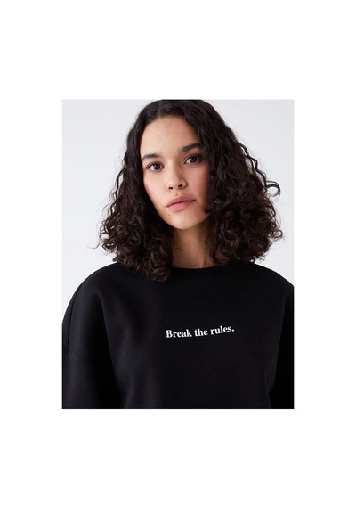 LC Waikiki Lcw Vision Bisiklet Yaka Baskılı Uzun Kollu Oversize Kadın Sweatshirt Black