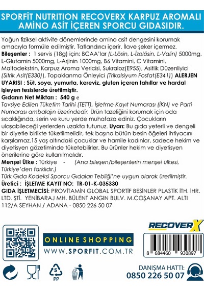 Sporfit Nutrition Recoverx Bcaa Amino Asit Tozu + L-glutamine 540 Gr Glutamin 30 Servis Karpuz + Shaker + Protein Kahve Hediyeli