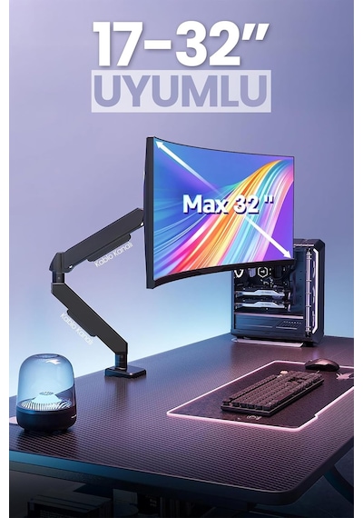 Monitör Kolu Vesa Uyumlu Hareket Ayarlanabilir Monitör Standı 17-32" 9kg Kapasite Tutucu Tek Kollu