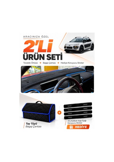 Cıtroen Cactus 2014-2017 Uyumlu Torpido Örtüsü + Tay Tüyü Bagaj Çantası + Sticker - Siyah Mavi