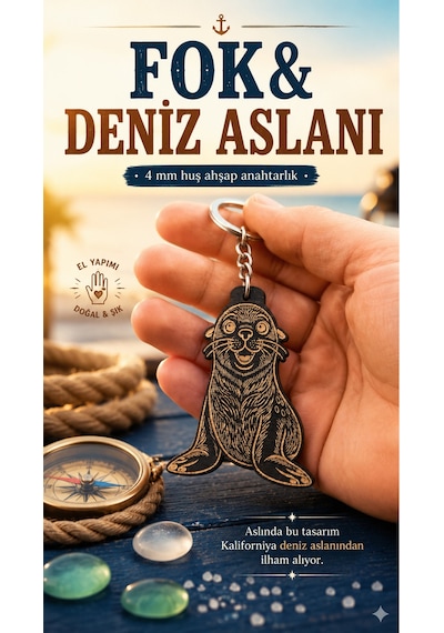 Ahşap Fok Balığı Anahtarlık - Sevimli Kaliforniya Deniz Aslanı Çanta Süsü 5x4 Cm Siyah