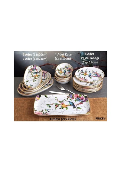 Flora 30 Parça 6 Kişilik Seramik Pasta Kahvaltı Çay Sunum Tabağı Takımı Seti Çok Renkli