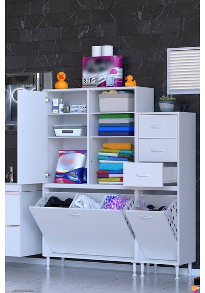 Ohbe 90 + 45cm Genişlik 160cm Boy 32,5cm Derinlik Kirli Sepetli 1 Kapak 3 Çekmeceli Çok Amaçlı Banyo Dolabı Beyaz Ohbe 90 + 45cm Genişlik 160cm Boy 32,5cm Derinlik Kirli Sepetli 1 Kapak 3 Çekmeceli Çok Amaçlı Banyo Dolabı Beyaz