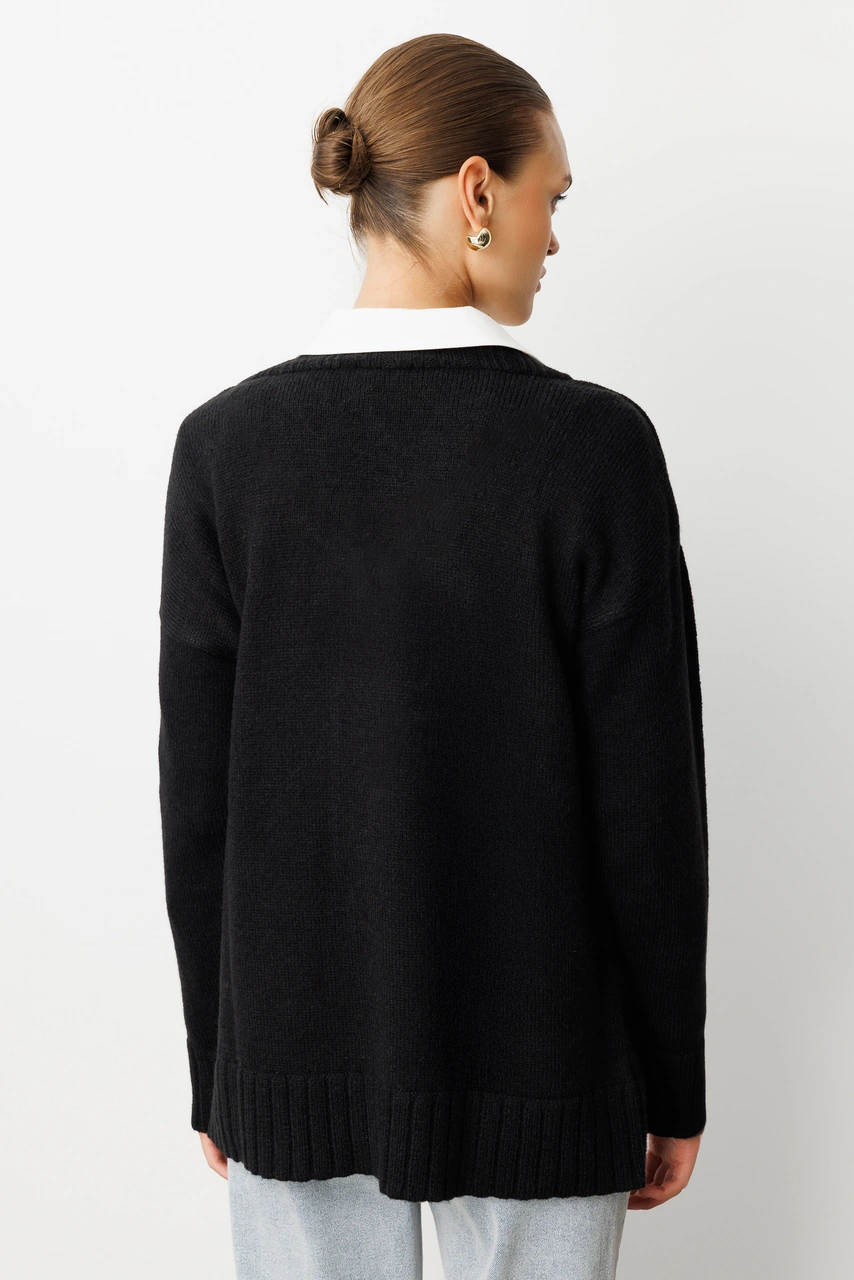 Mizalle V Yaka Oversize Siyah Triko Kazak Siyah