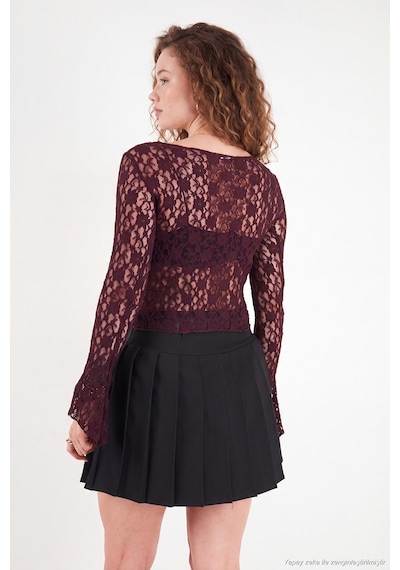 Lela Çiçek Desen Dantelli Kayık Yaka Bluz Kadın Bluz 5867118 Bordo