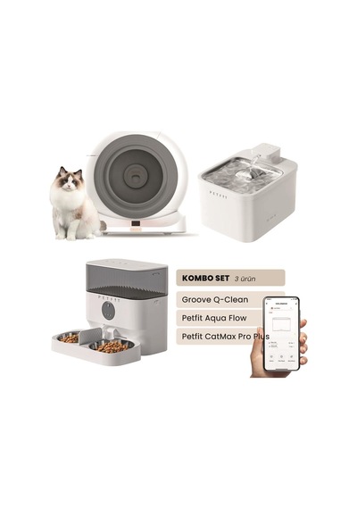Groove Q-clean Akıllı Otomatik Kedi Tuvaleti Gri - Petfit Aqua Flow Akıllı Bataryalı Su Pınarı Çeşmesi + Petfit Catmax Pro Plus Akıllı Otomatik Mama Kabı Bundle