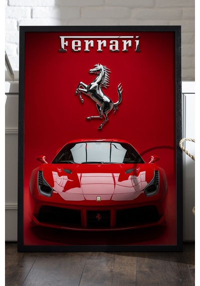 Ferrari 488 Gtb Siyah Ahşap Çerçeveli Poster, Dekoratif Araba Duvar Tablosu