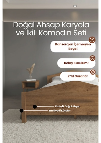 Mi Lano Piramit Masif Ahşap Karyola Ve 2 Adet Ceviz 180x200 Renk: Ceviz Ölçüler: 180 X 200 Cm