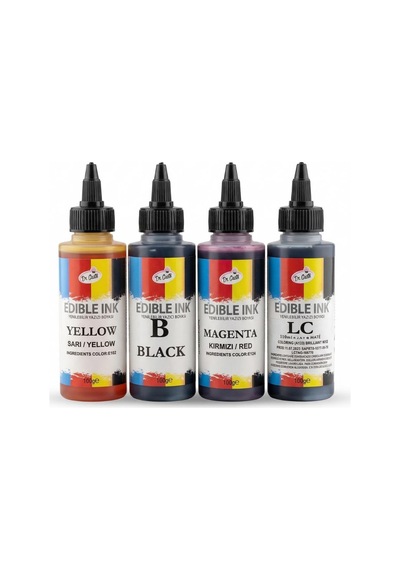 Yenilebilir Yazıcı Gıda Mürekkebi 115 Ml 4 Lü Set Siyah, Sarı, Magenta Kırmızı , Cyan Mavi Cmyk Pasta Baskı Mürekkebi