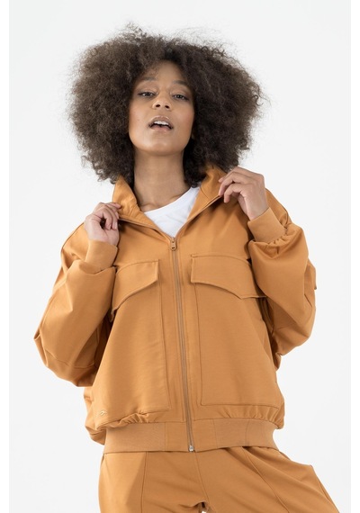Maraton Sportswear Oversize Kadın Dik Yaka Uzun Kol Basic Karamel Tracktop 22176-karamel Karamel