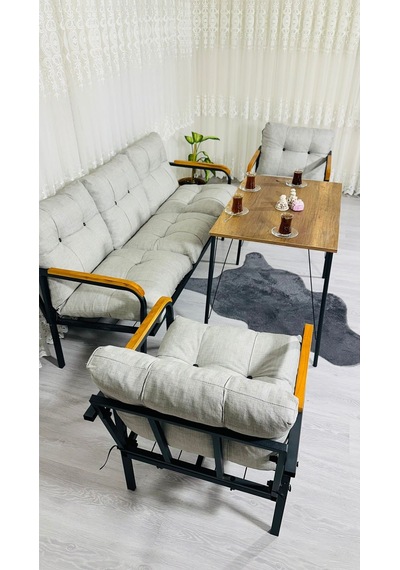 Madame Home Açelya Balkon, Bahçe, Cafe - Salon - Metal Kanepe Koltuk Takımı 3+1+1 + Masa Açık Gri