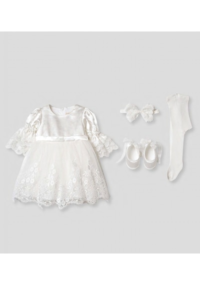 Pugi Baby Kız Bebek Şık Dantelli Mevlüt / Özel Gün Elbisesi Beyaz