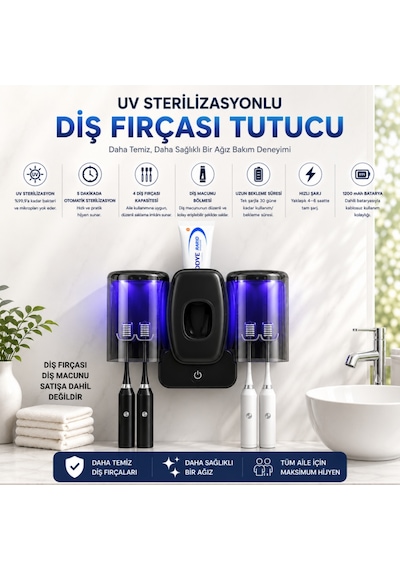 Uv Sterilizasyonlu Diş Fırçası Tutucu, Otomatik Diş Macunu Dispenseri, 4 Fırça Kapasiteli, 1200mah Şarjlı, Duvara Monte Siyah